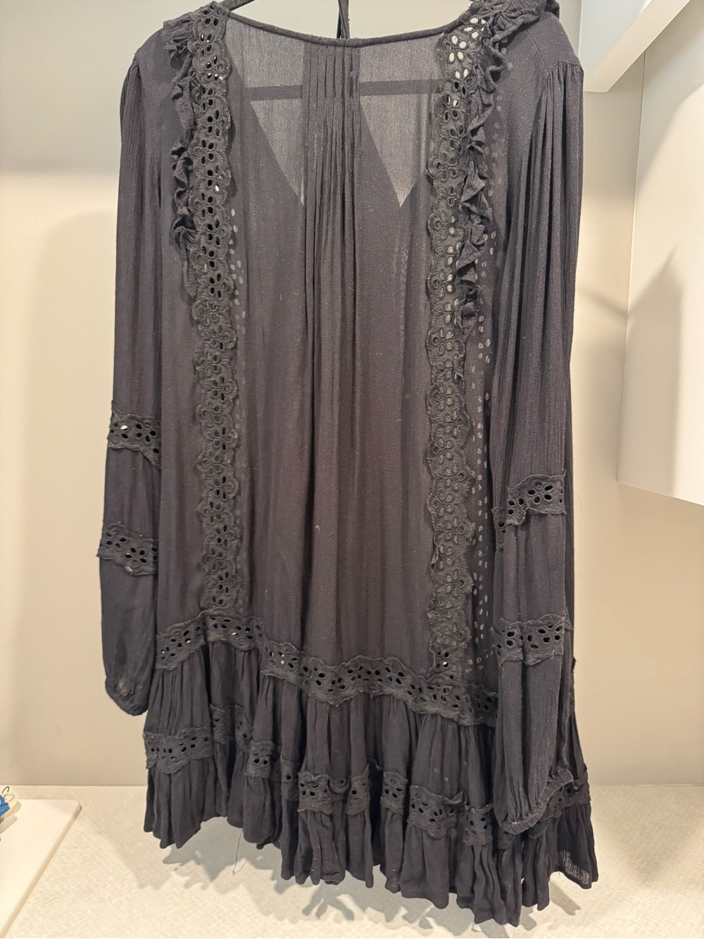 Free People Black Lace-Trim Button Front Women's Long Sleeve Dress with Slip - Picture 2 of 3